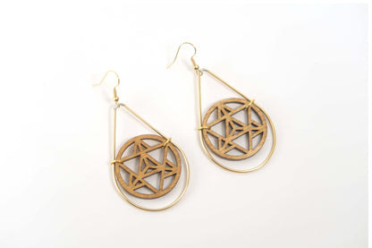 Merkaba Wooden Teardrop Earrings in Brass Frame