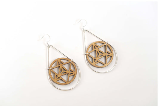 Merkaba Wooden Teardrop Earrings in Brass Frame