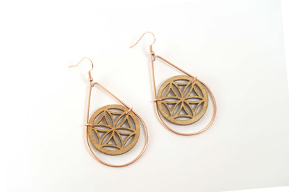 Seed of Life Wooden Teardrop Earrings in Brass Frame