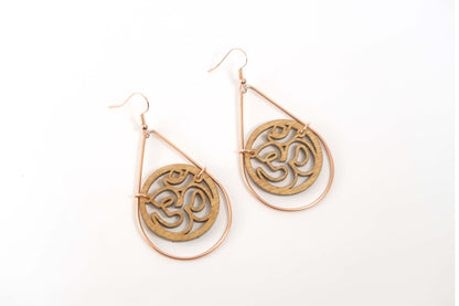 Om Wooden Teardrop Earrings in Brass Frame