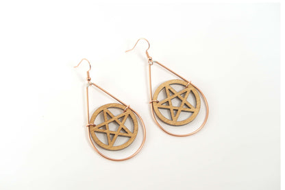 Pentagram Wooden Teardrop Earrings in Brass Frame