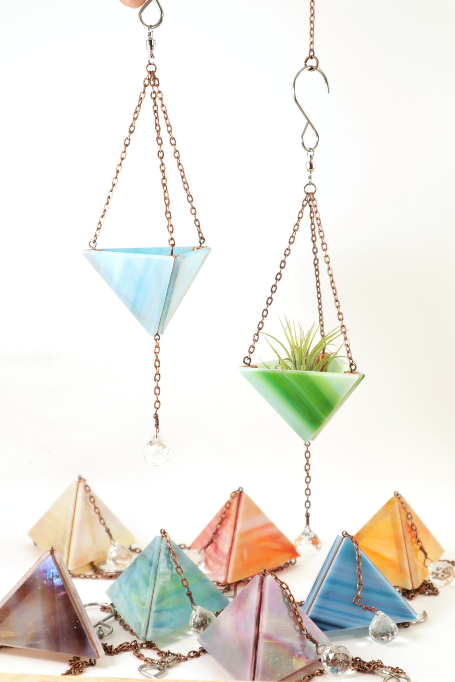Small Iridescent Stained Glass Hanging Pyramid Terrarium Suncatcher | Iridescent Blue