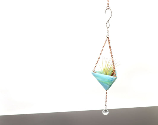 Small Stained Glass Hanging Pyramid Terrarium Suncatcher | Aqua Mixed Opalescent