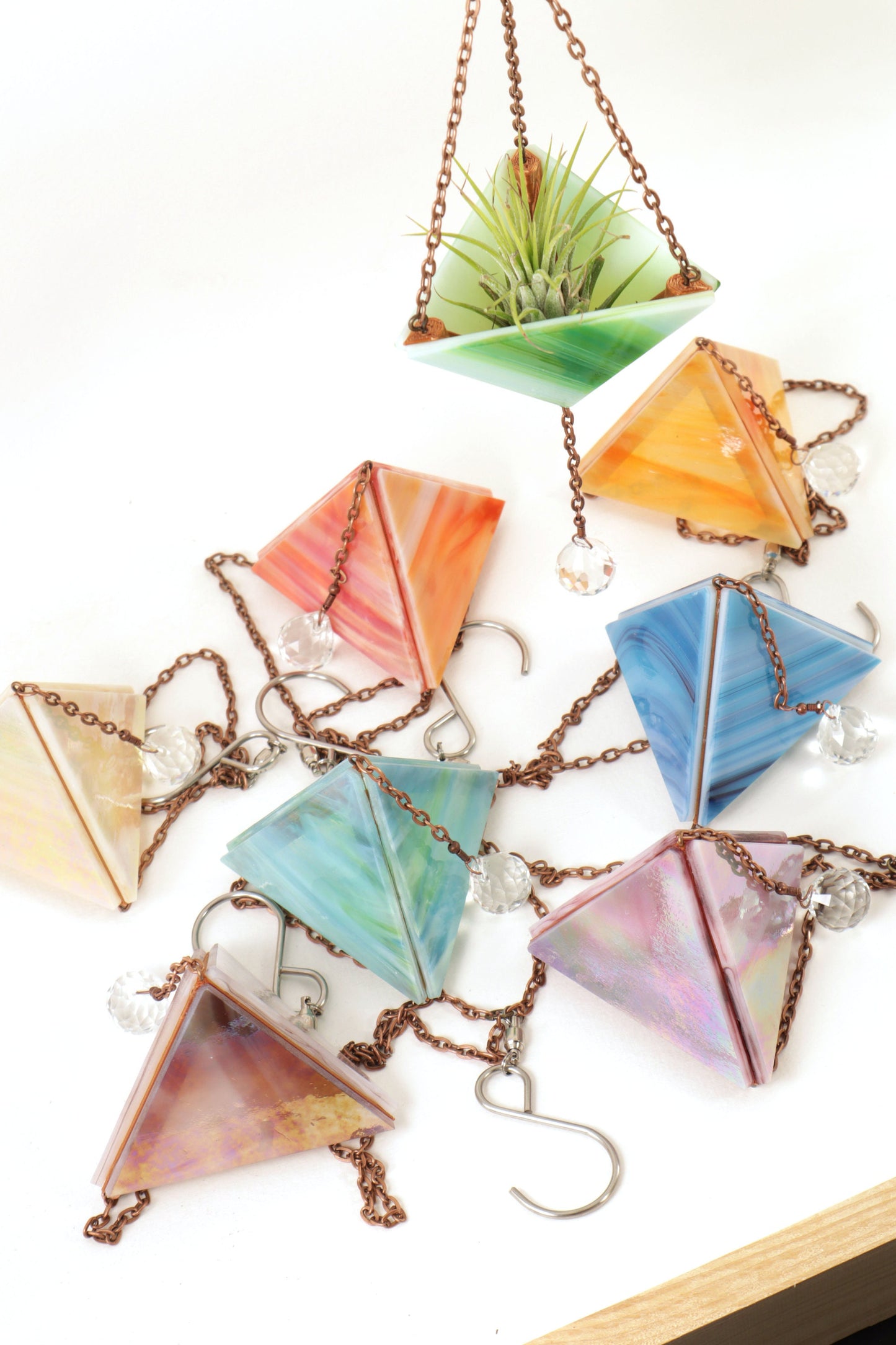 Small Iridescent Stained Glass Hanging Pyramid Terrarium Suncatcher | Iridescent Blue