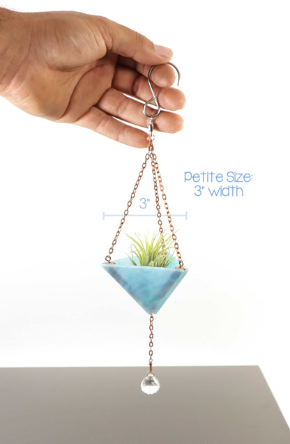 Small Iridescent Stained Glass Hanging Pyramid Terrarium Suncatcher | Iridescent Blue