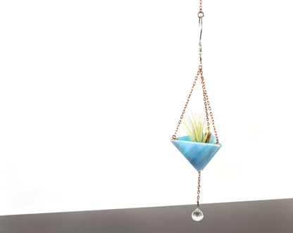 Small Iridescent Stained Glass Hanging Pyramid Terrarium Suncatcher | Iridescent Blue