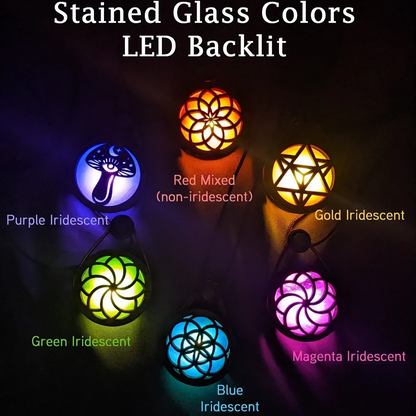 Glowing Stained Glass Wooden LED Pendant | Sri Yantra