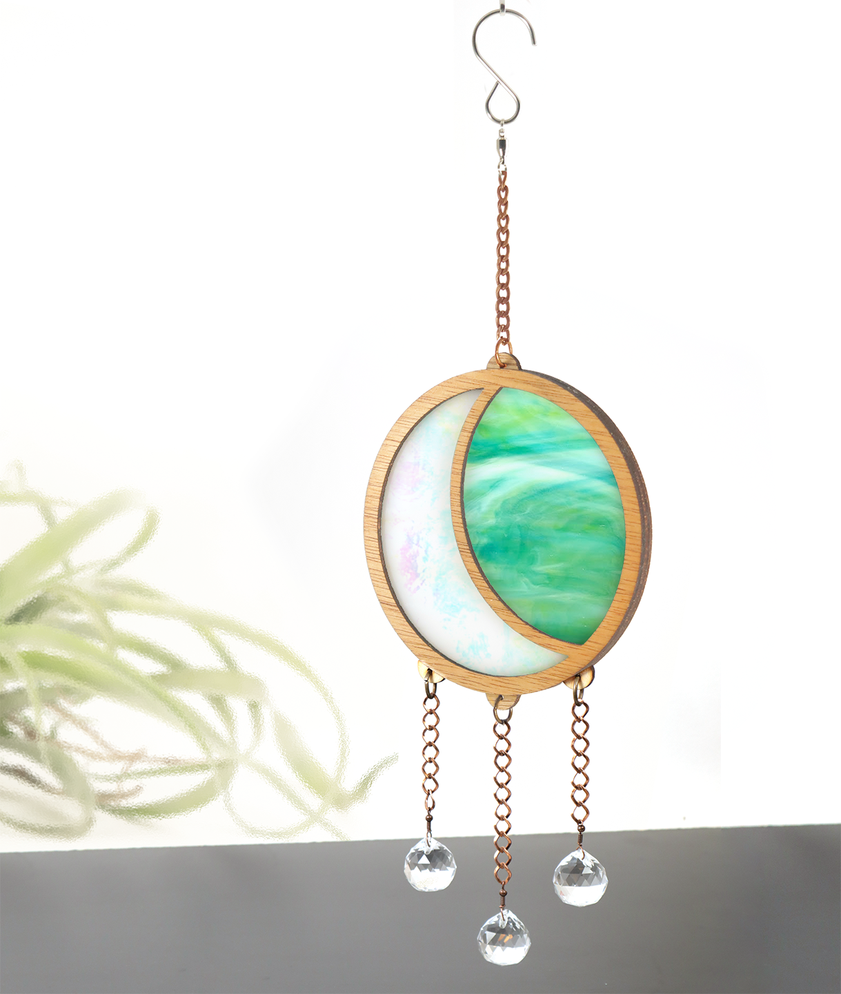 Iridescent Moon Stained Glass Suncatcher Crystal Hanger