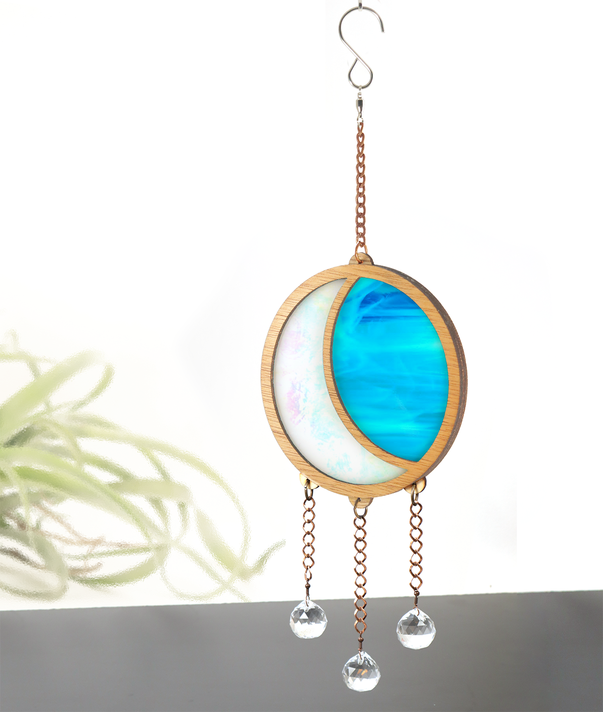 Iridescent Moon Stained Glass Suncatcher Crystal Hanger